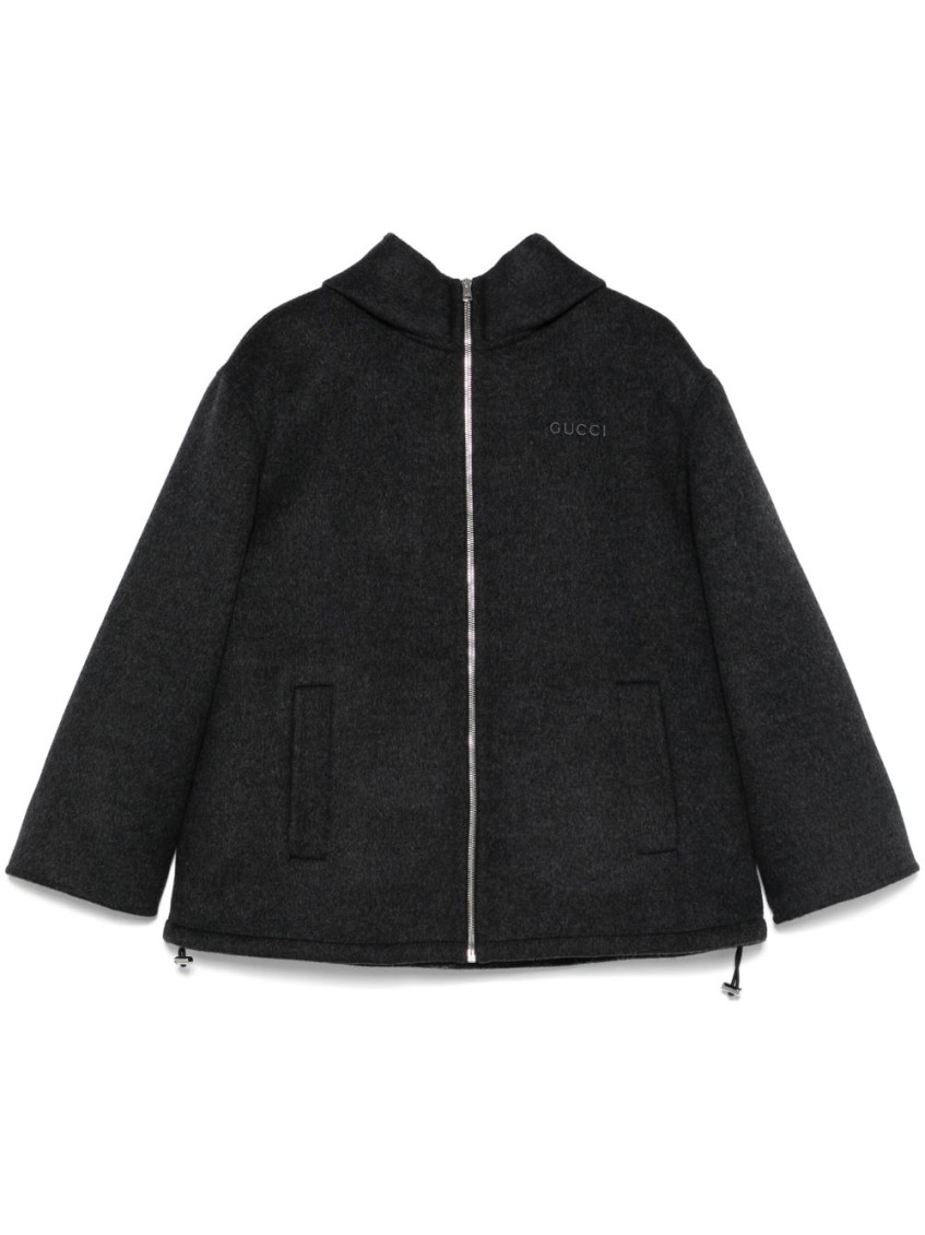 Gucci Wool Blend Jacket With Hood And Pockets In Dark Grey