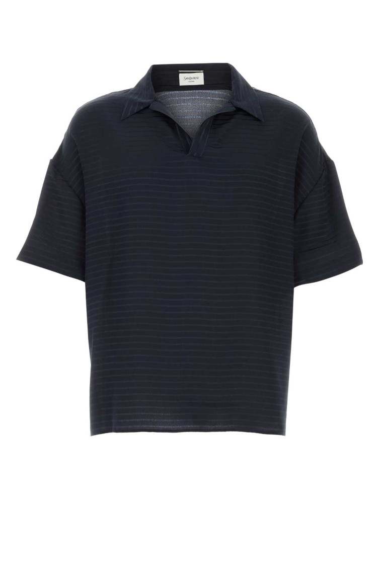 Saint Laurent Men Navy Blue Silk Oversize Polo Shirt In Blue