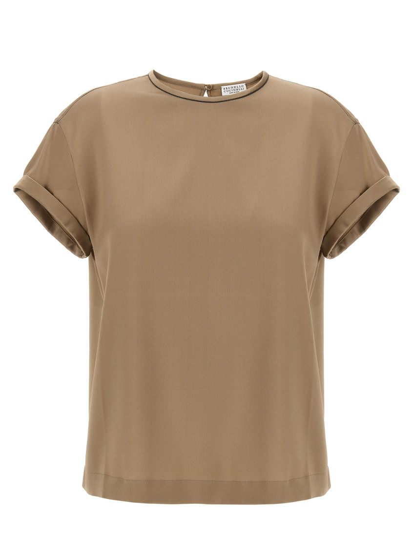 Brunello Cucinelli Beige Crewneck T-shirt With Monile Detail On The Neck In Brown