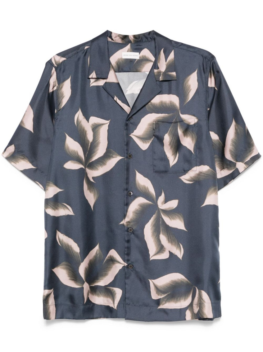 Dries Van Noten Silk Shirt With Floral Pattern And Camp Collar In Navy Blue