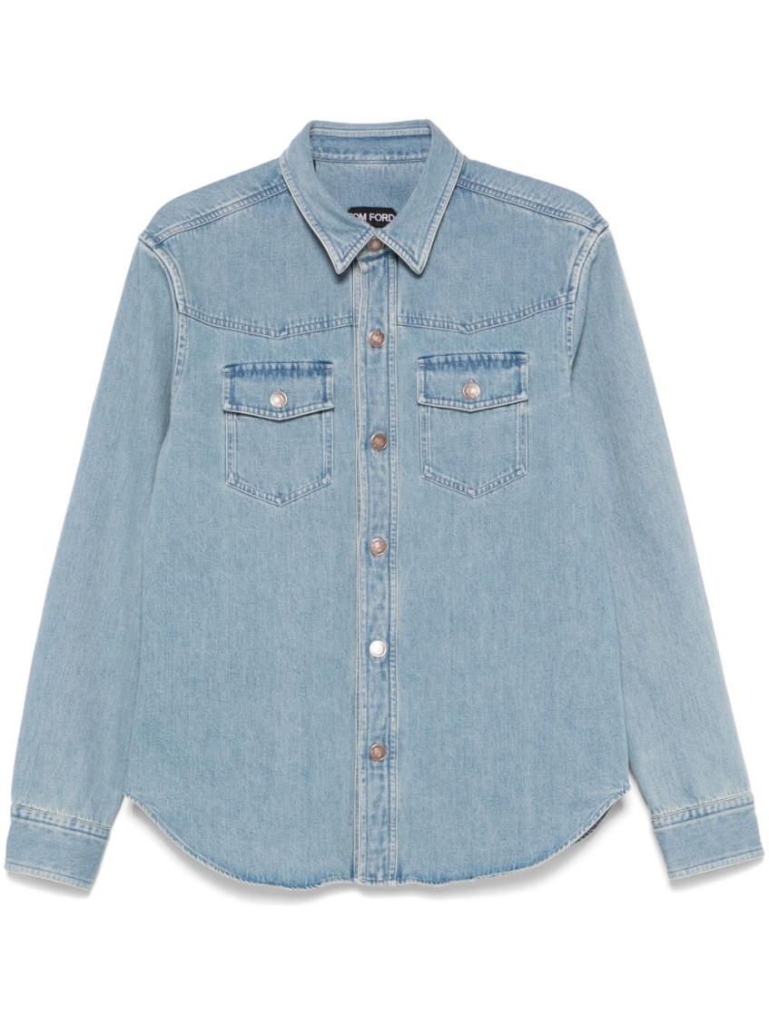 Tom Ford Light Blue Western Panel Shirt With Flap Pockets In Blue