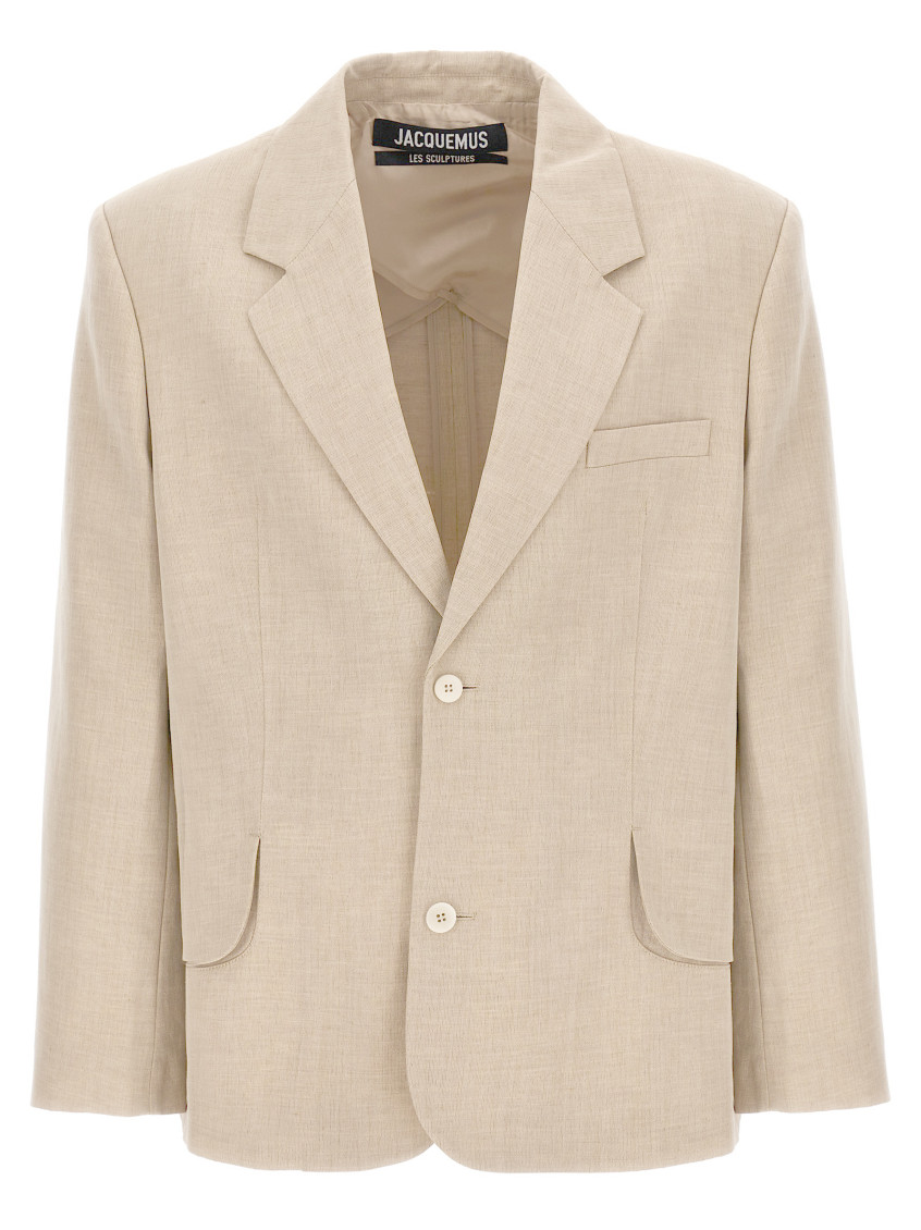 Jacquemus Wool Blend Blazer Jacket With Shoulder Pads In Beige