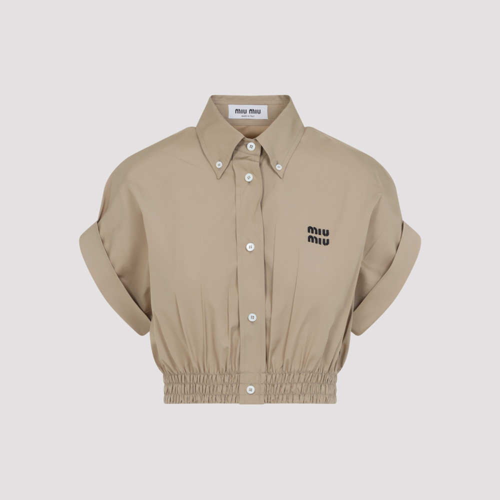 Miu Miu Cropped Green Shirt With Fitted Waist And Rolled Sleeves In Neutral