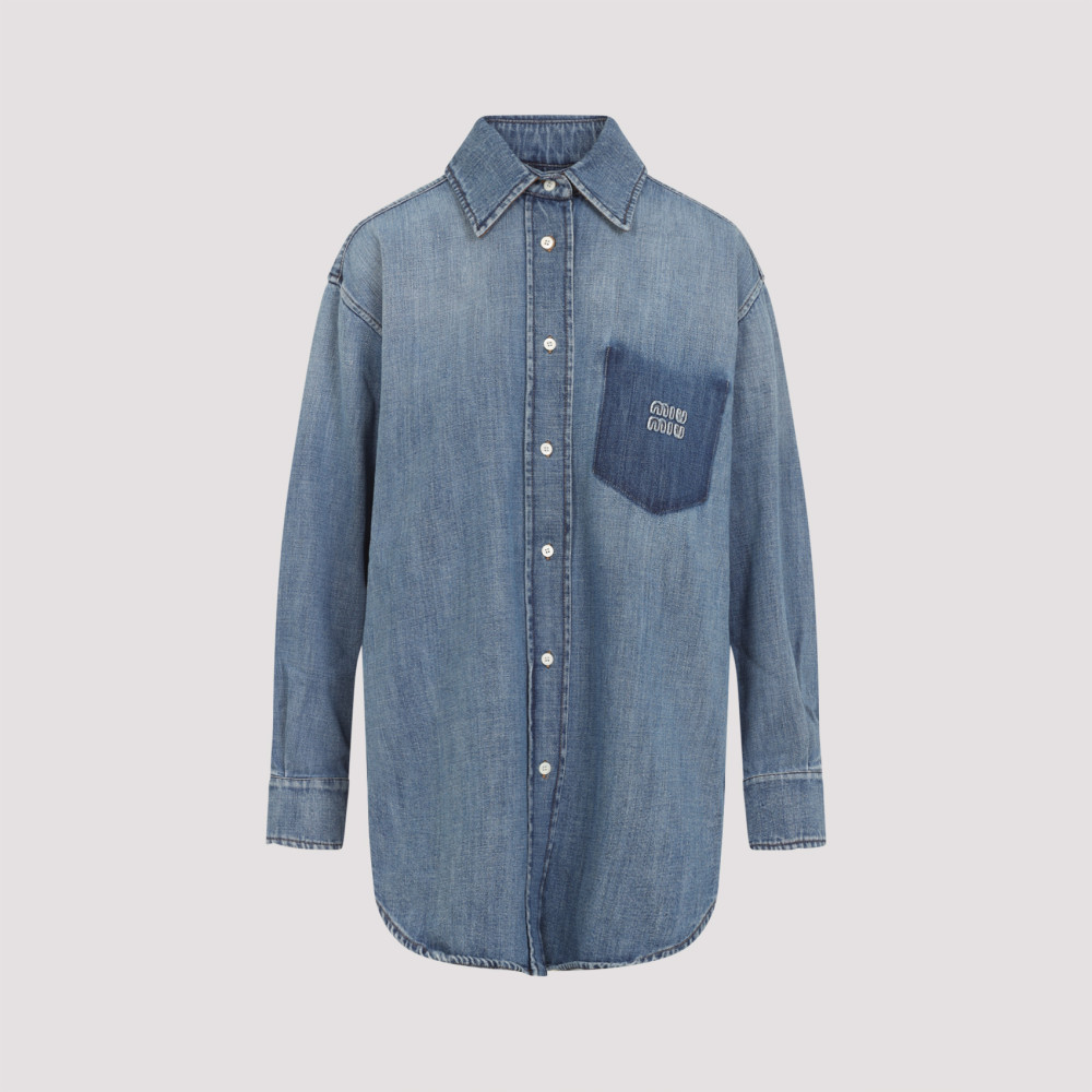 Miu Miu Denim Shirt With Chest Pocket And Round Hem