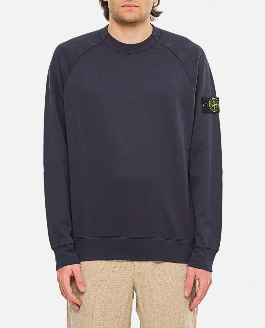 Stone Island Round-neck Sweatshirt With Ribbed Cuffs And Logo Detail In Blue