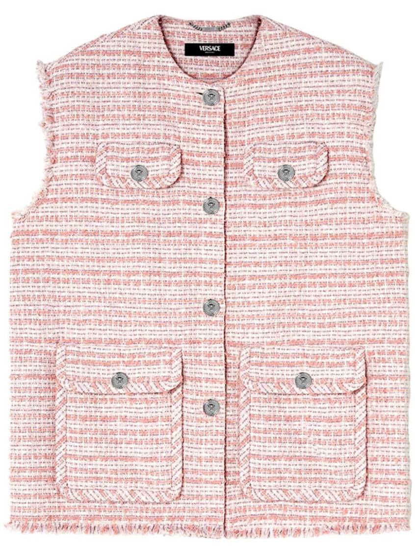 Shop Versace Light Pink Cotton Tweed Vest With Fringe Detail