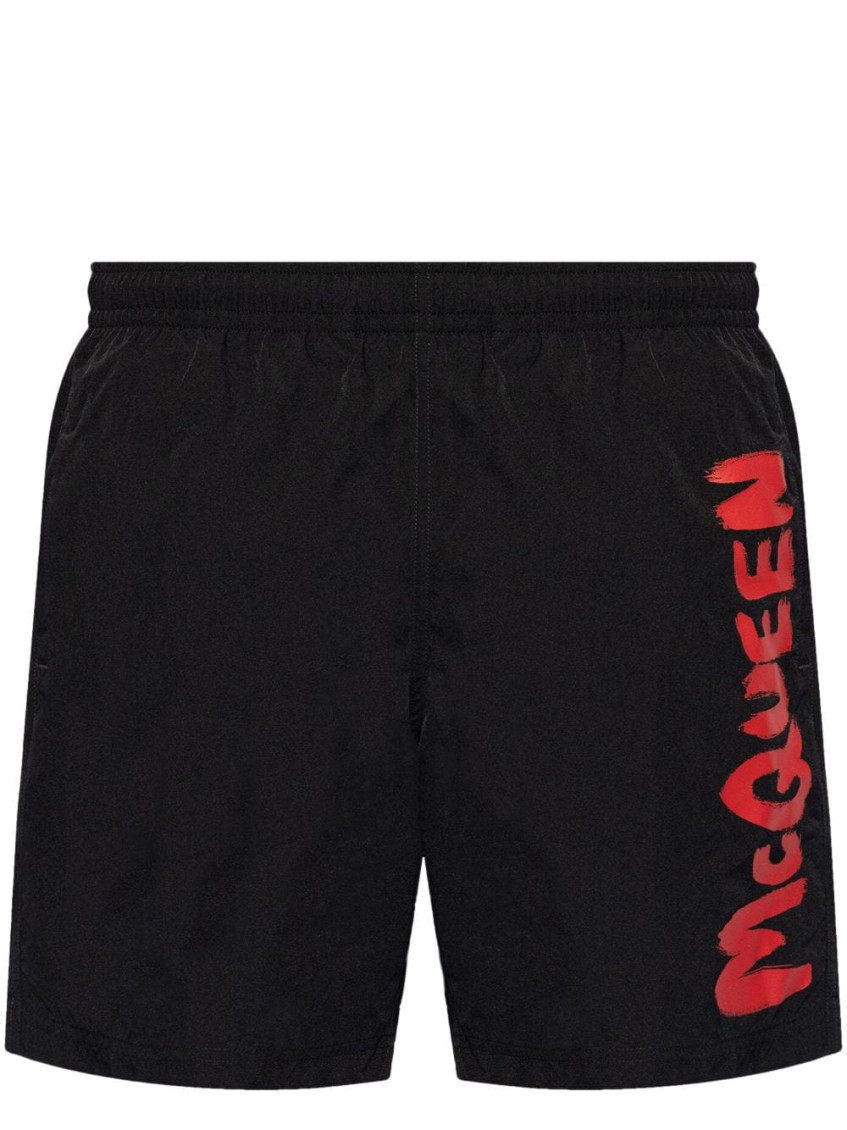 Shop Alexander Mcqueen Black Swimsuit With Contrast Side Printed Logo