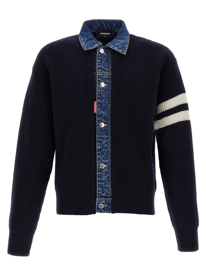 Dsquared2 Blue Cardigan With Denim Panels And Striped Details On The Sleeve In Wool And Cashmere Man