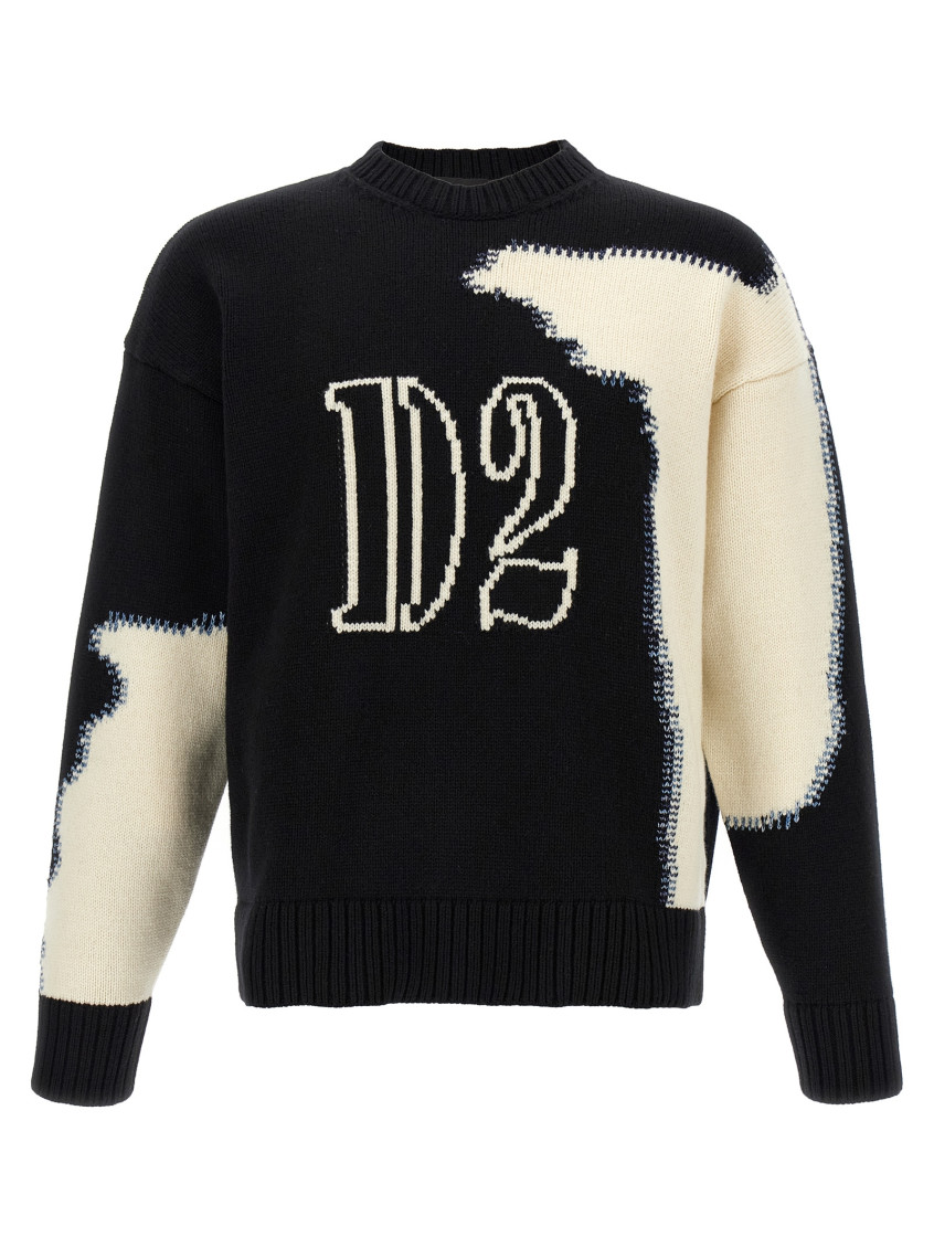 Dsquared2 Two-tone Crew Neck Sweater With Graphic Design In Black