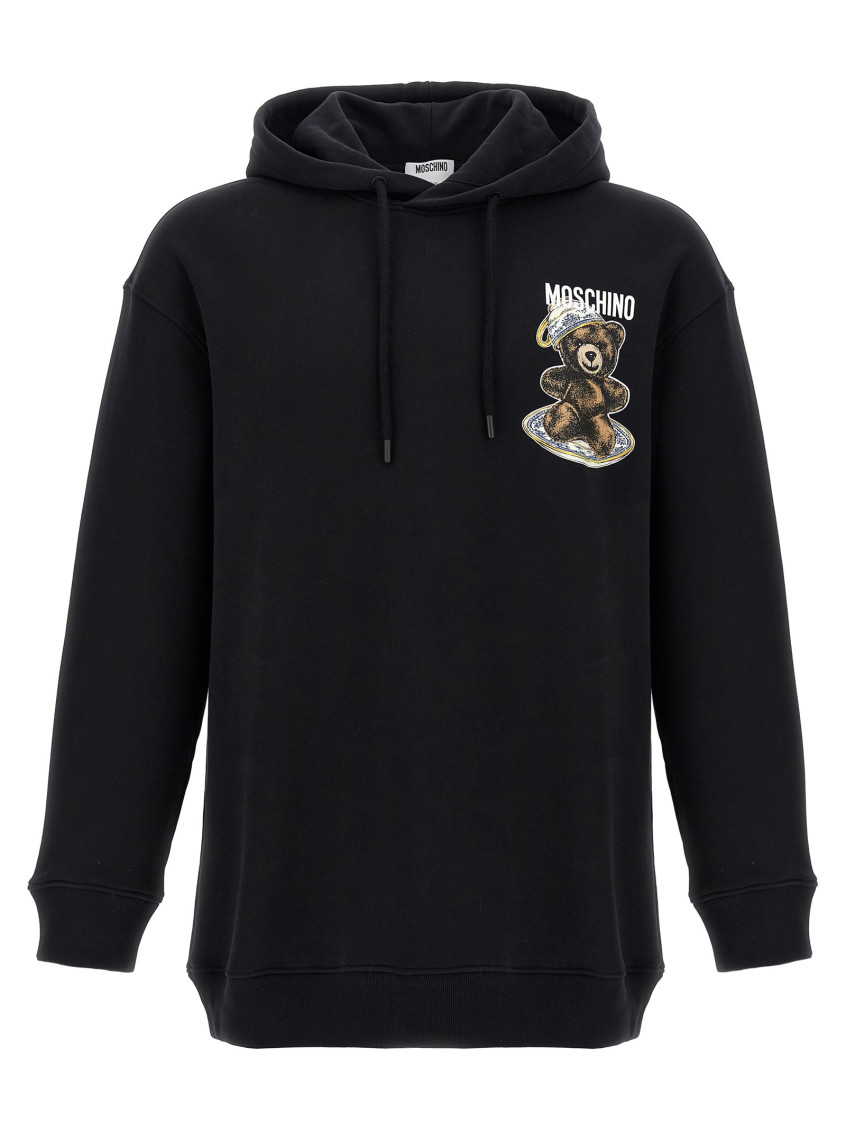 Moschino Graphic Print Hooded Longline Ribbed Cuffs In Black