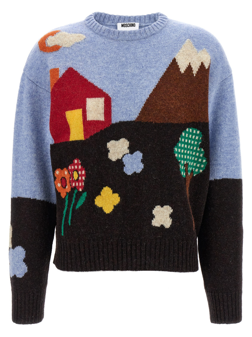 Moschino Shetland Wool Sweater With Landscape Intarsia In Multi