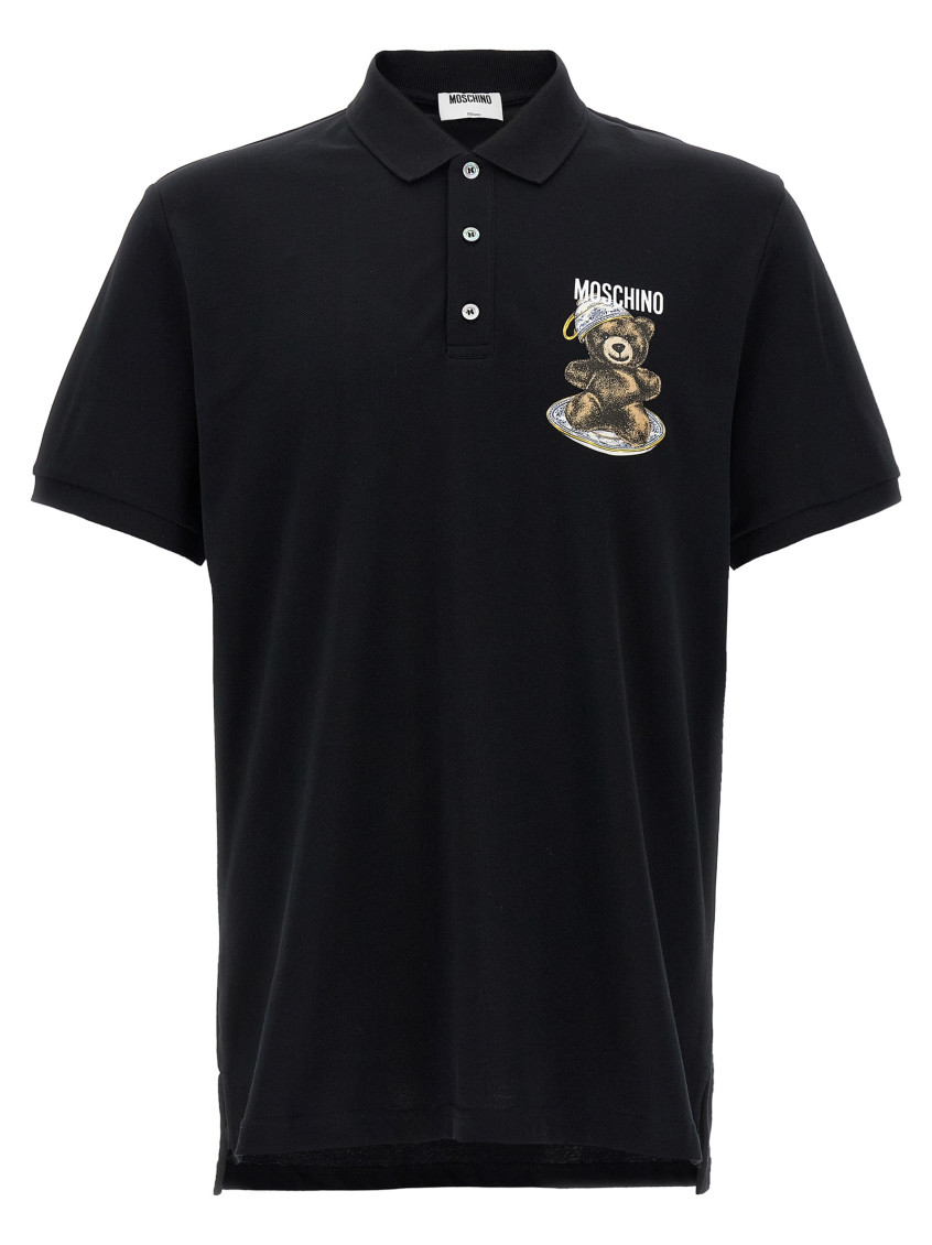 Moschino Graphic Print Polo Shirt With Side Slits In Black