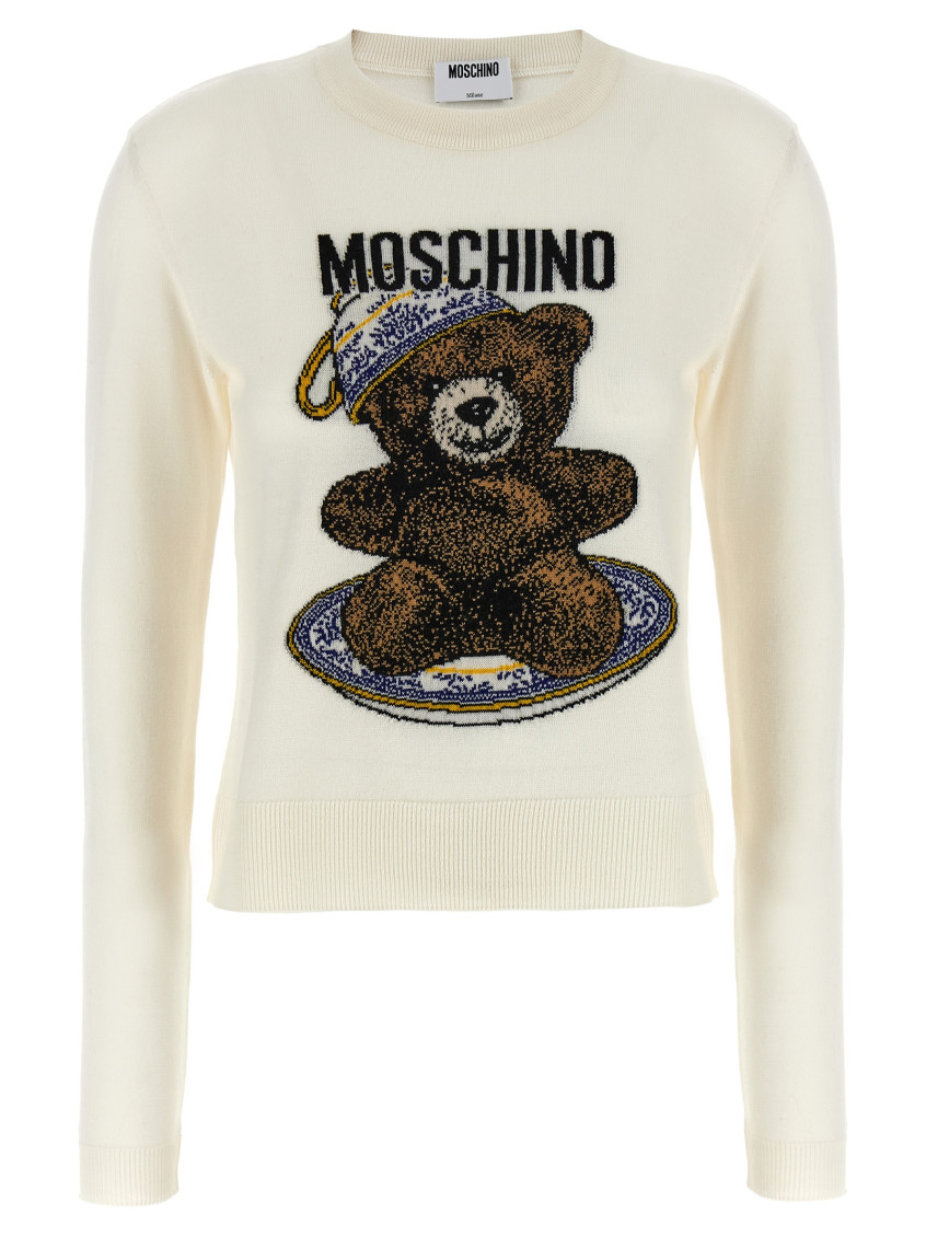 Moschino Crew Neck Sweater With Teddy Bear Motif In Neutral
