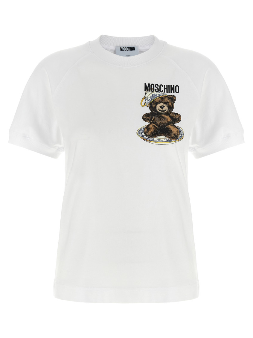 Moschino Cotton Sweater Ribbed Cuffs Hem Teddy Bear Motif In White
