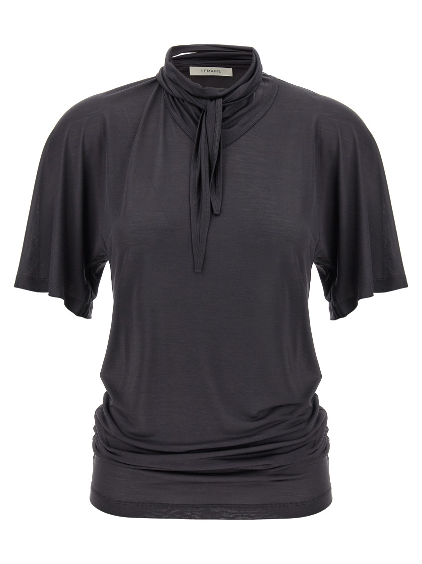 Lemaire Silk Crewneck Top With Knotted Scarf Detail In Black