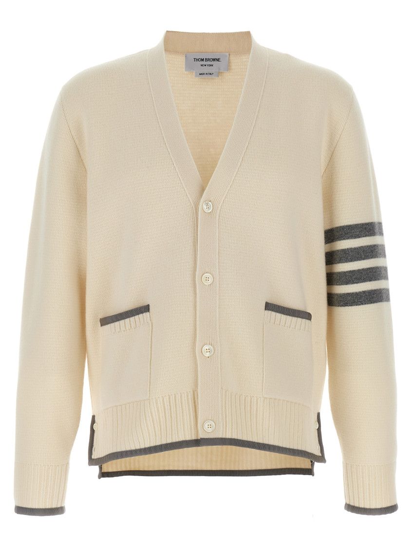 Thom Browne Wool Cardigan With Striped Sleeve Detail In Neutral