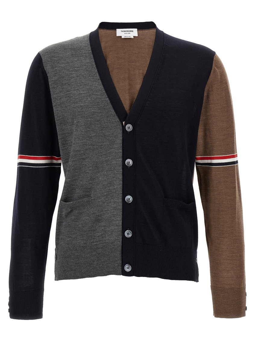 Thom Browne Navy/grey/brown Wool Cardigan In Black