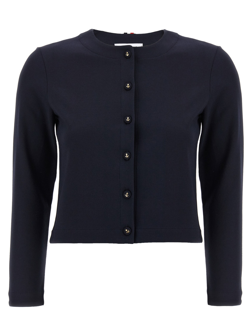 Thom Browne Cropped Black Cardigan With Button Anchor Motifs In Blue