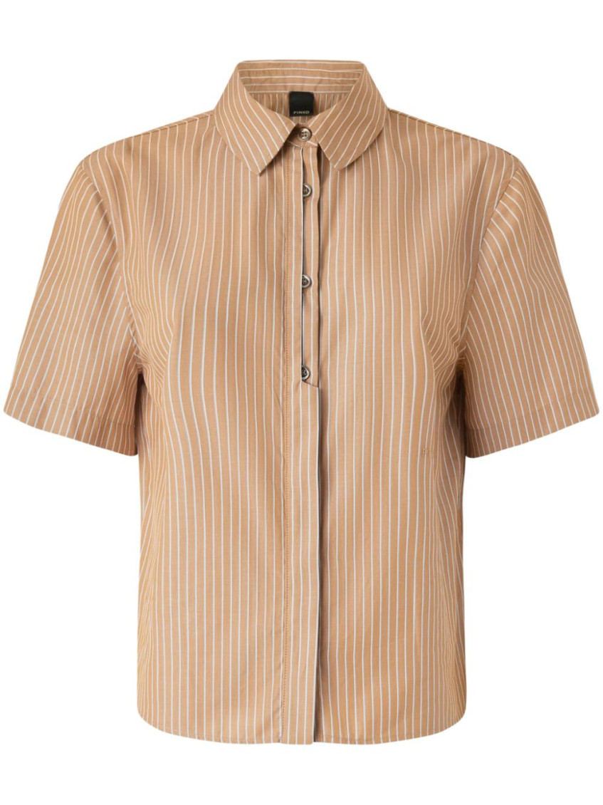 Pinko Brown Striped Shirt With Rounded Hem In Nude