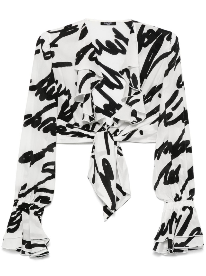 Balmain Love Letter Print Silk Cropped Top In Multi