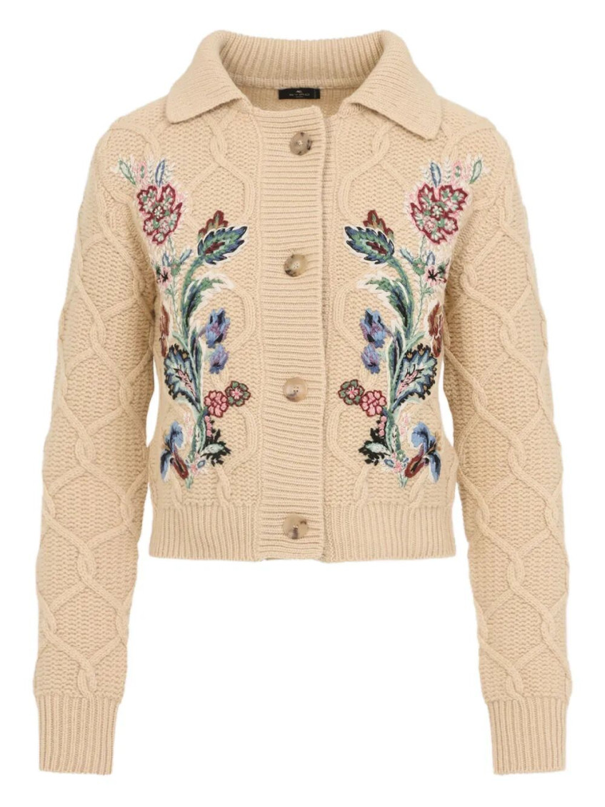 Etro Embroidered Cable-knit Wool And Cashmere-blend Cardigan In Neutral