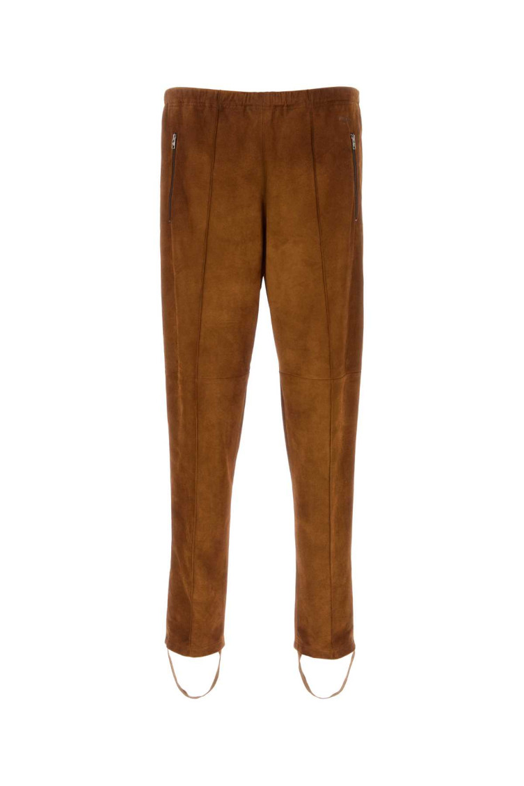 Prada Suede Pant With Elastic Waistband And Stirrup Design In Brown