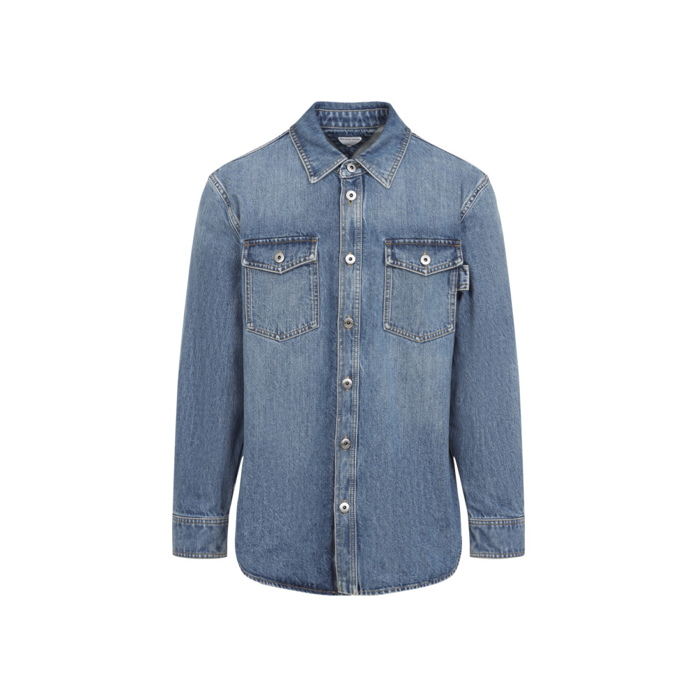 Bottega Veneta Denim Shirt With Flap Pockets And Contrasting Stitching In Blue