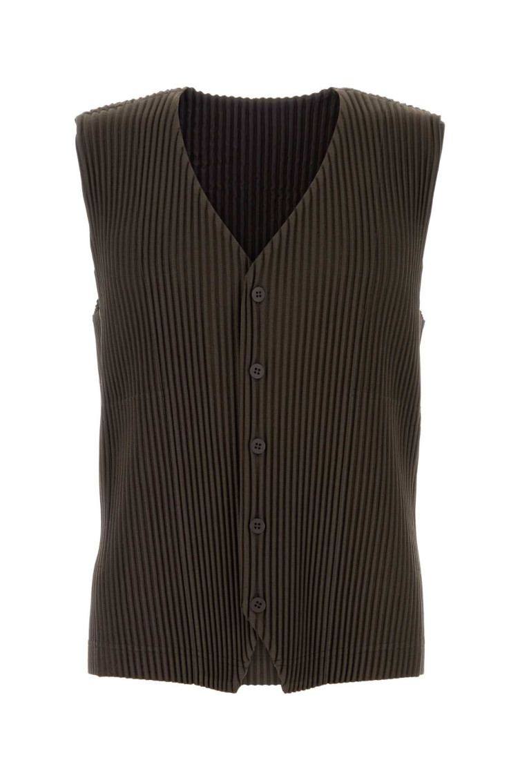 Issey Miyake Textured Pleated Ribbed Sleeveless V-neck Vest