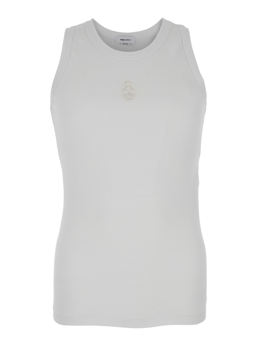 Alexander Mcqueen White Top With Upside Down Skull Embroidery On The Front In Cotton Jersey Man