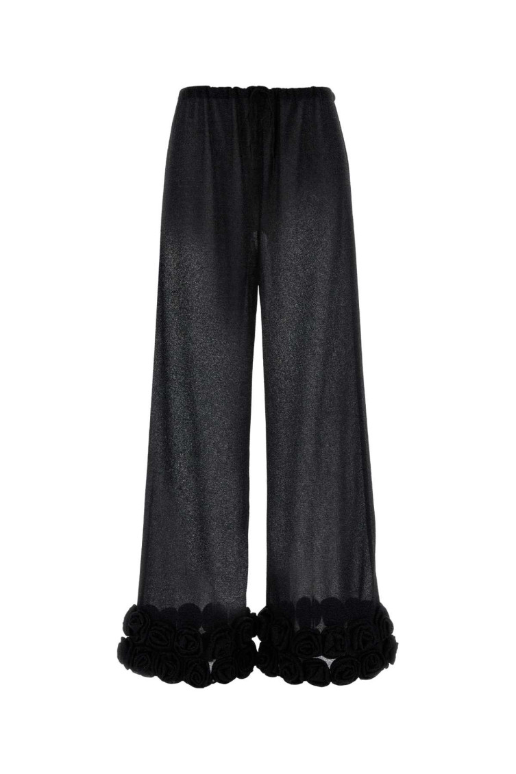 Oseree Feather-trimmed Velvet Wide-leg Pants In Black