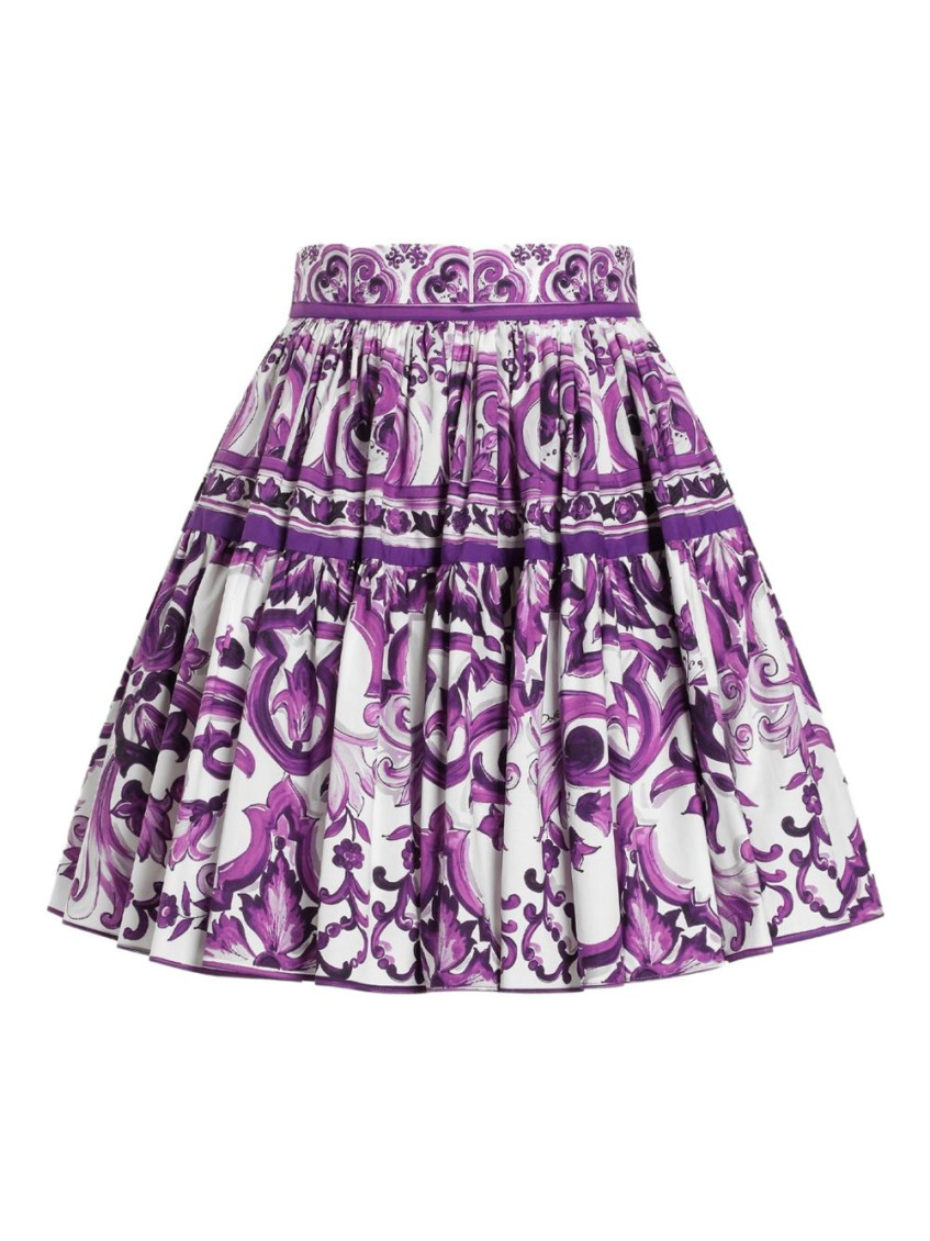 Dolce & Gabbana Violet Pleated Miniskirt With Rear Zip Closure And All-over Graphic Print In Cotton Woman