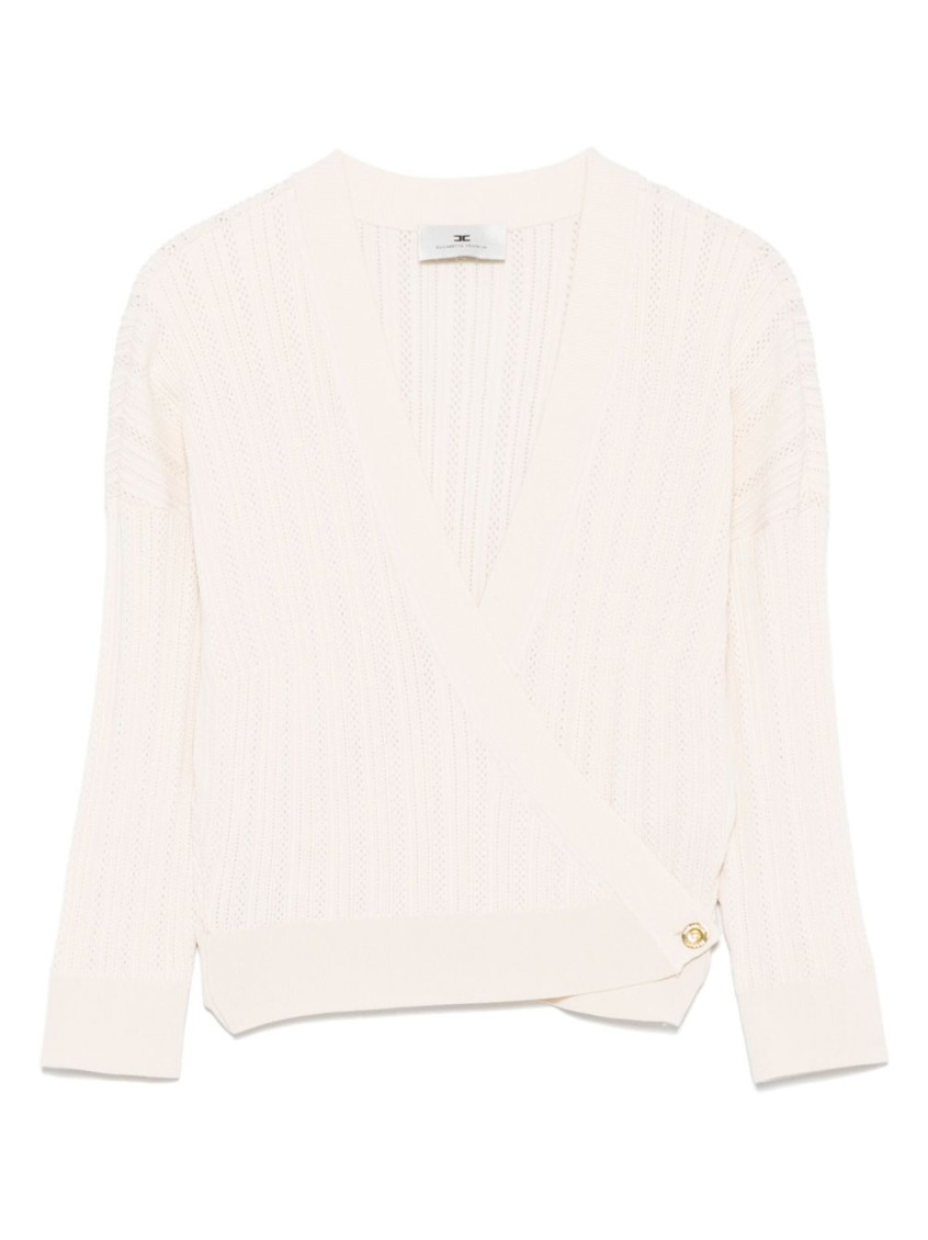 Elisabetta Franchi Beige V-neck Sweater With Side-buttoned Sleeves In Neutral