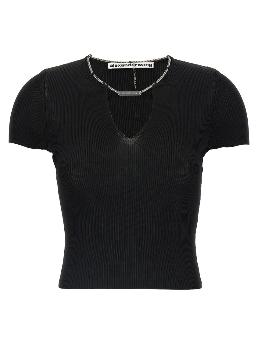 Alexander Wang Ribbed Texture V Neck Chain Detail Top In Black