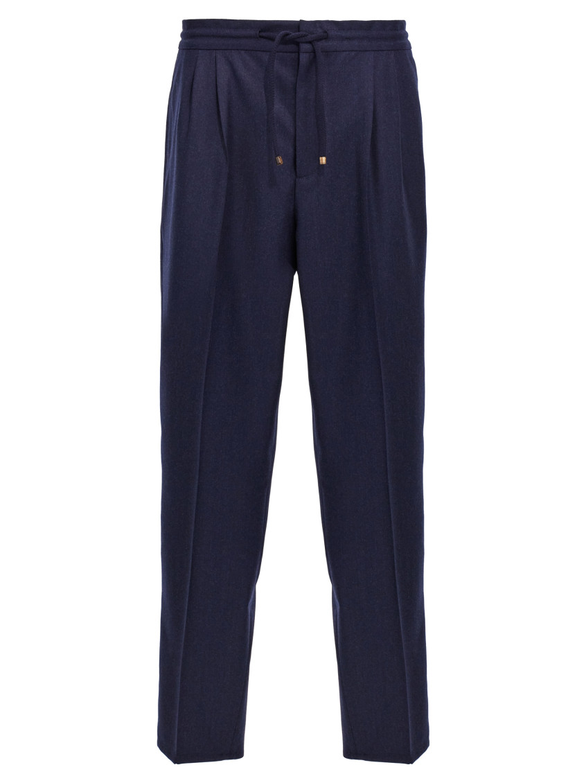 Brunello Cucinelli Ankle Length Straight Leg Trousers With Front Pleats In Blue