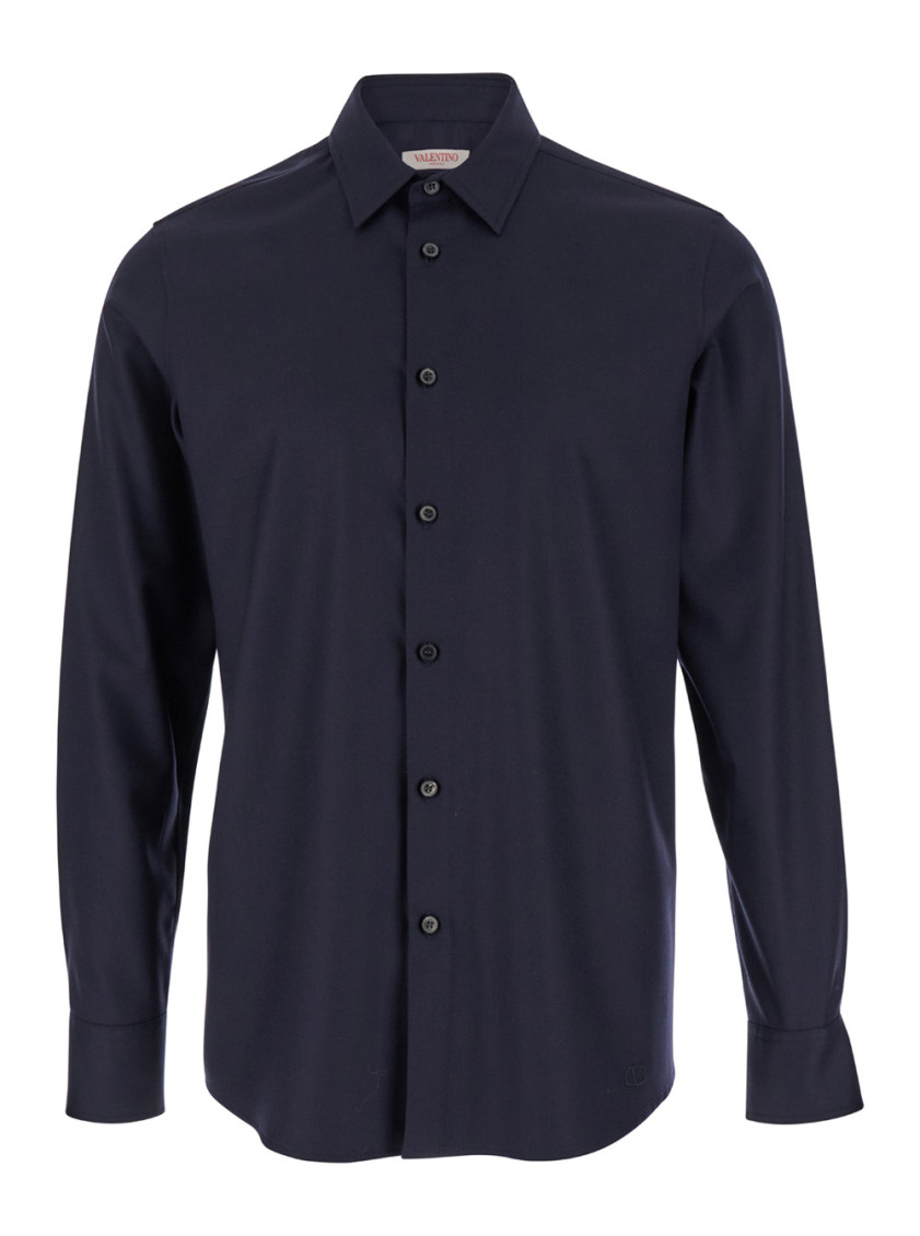 Valentino Garavani Blue Shirt With Classic Collar In Wool Blend Man In Blue
