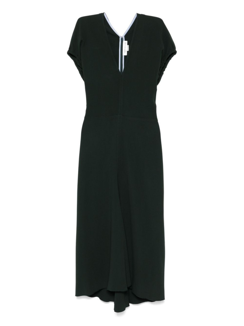 Victoria Beckham Green Midi Dress With Ruched Sleeves And V Neck In Black