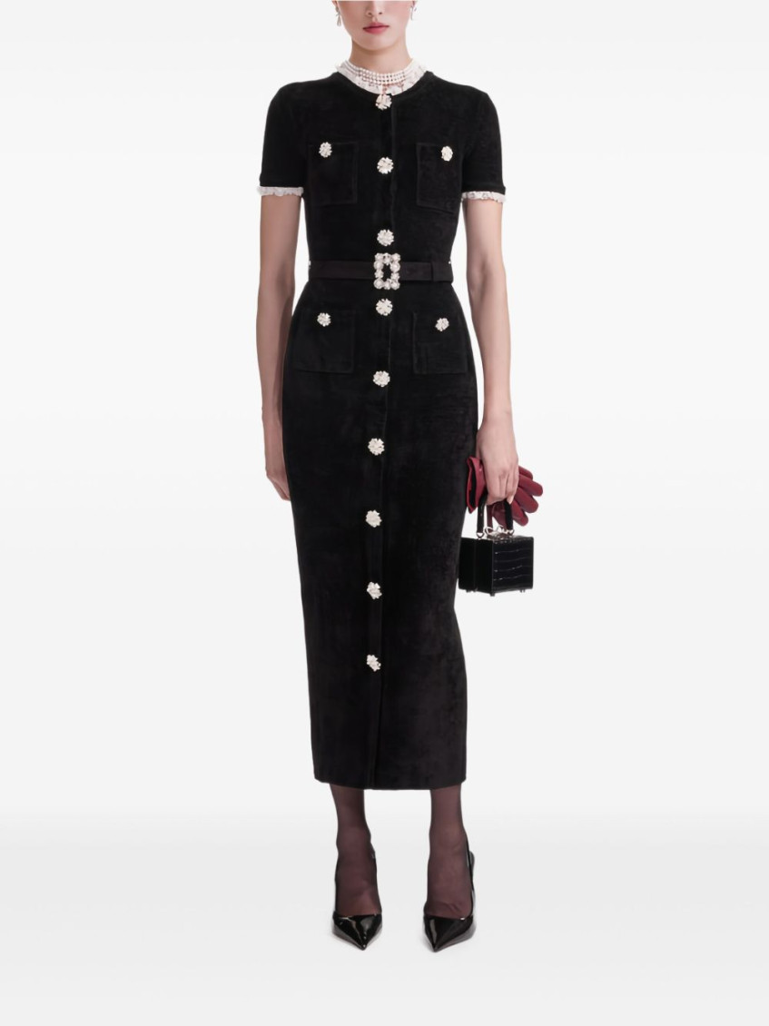 Self-portrait Womens Black Crystal-embellished Lace-trim Chenille-knit Midi Dress In Black