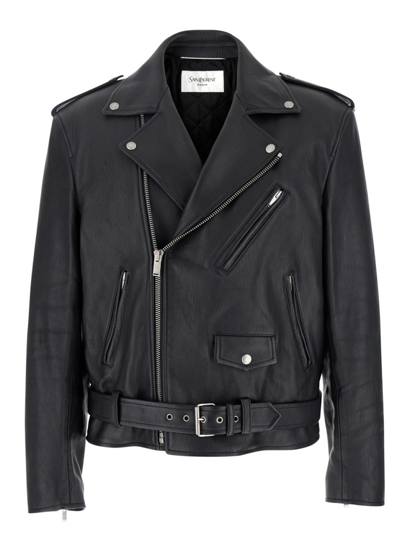 Saint Laurent Belted Leather Biker Jacket In Black