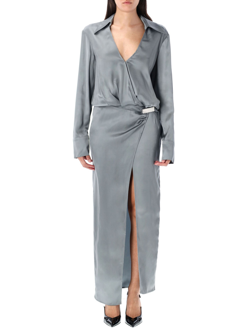 Attico Satin Dress Metallic Accent In Gray