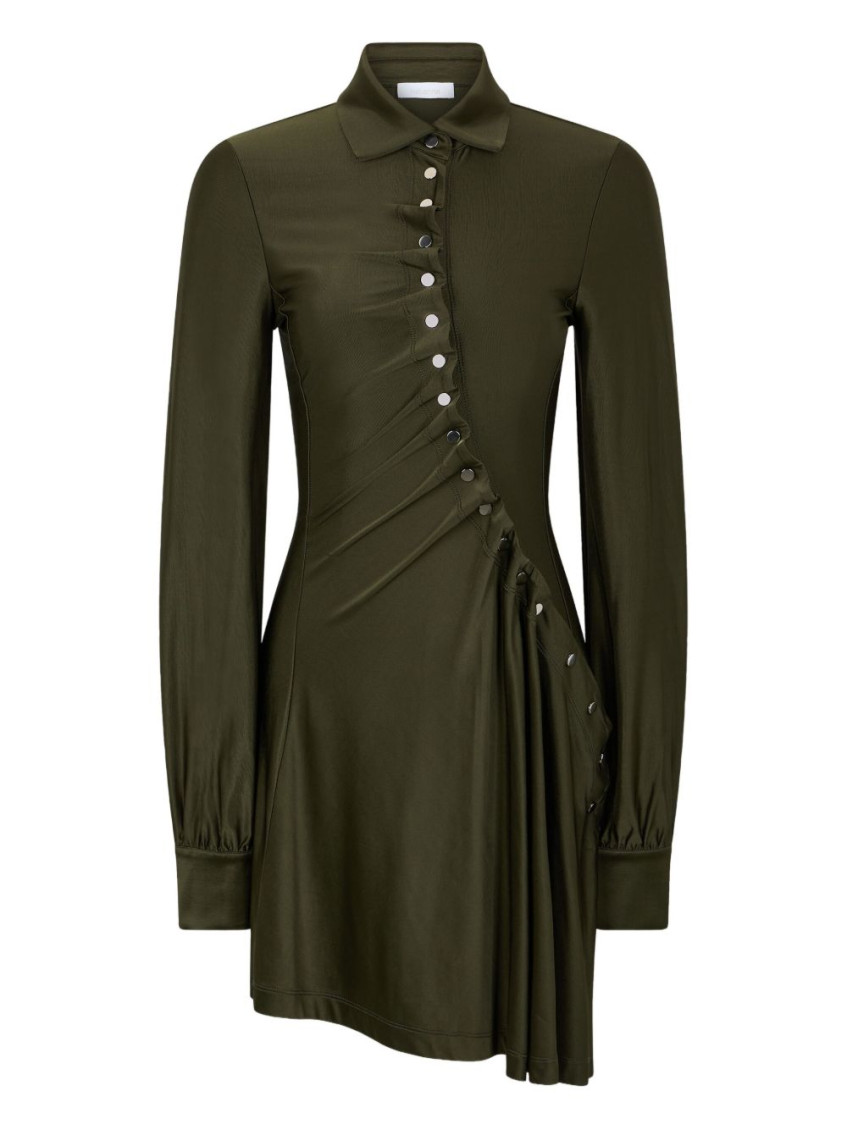 Rabanne Ruched Button Long-sleeve Mini Shirtdress In Green