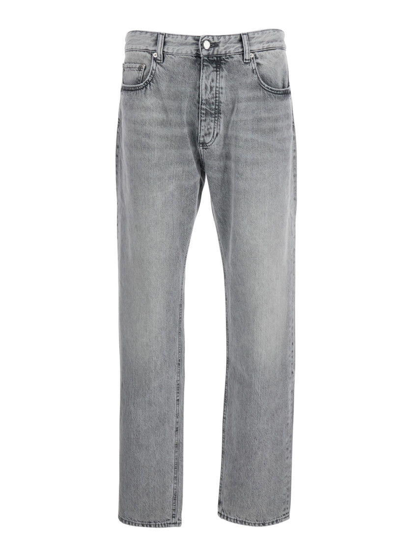 Icon Denim Grey Pants With Belt Loops And Rear Logo Patch In Blue