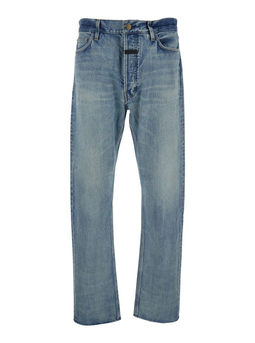 Fear Of God Men Blue Five-pocket Jeans With Front Logo Patch In Denim Man In Blue