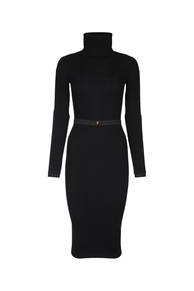 Elisabetta Franchi Ribbed Knit Dress With Belt In Black