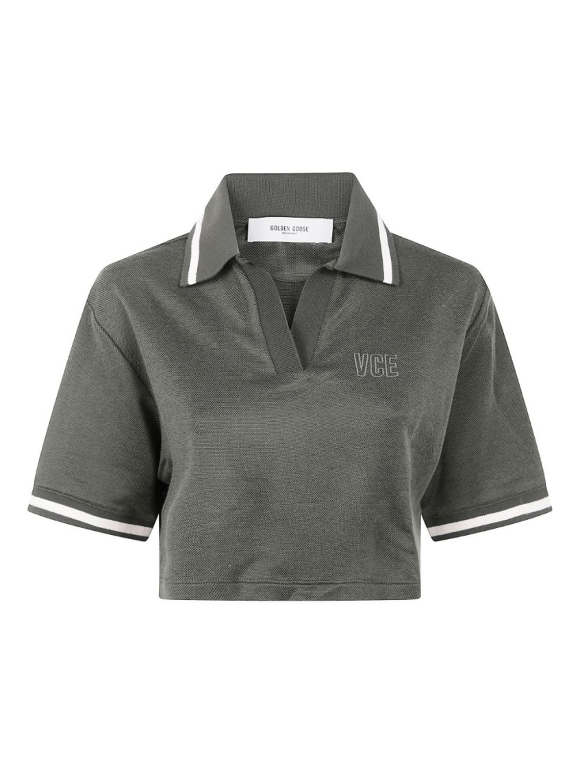 Golden Goose "journey W`s" Medium Crop Polo Fluid Jersey Knitted Rib Micro Piquet Tonal Embroidery C In Green