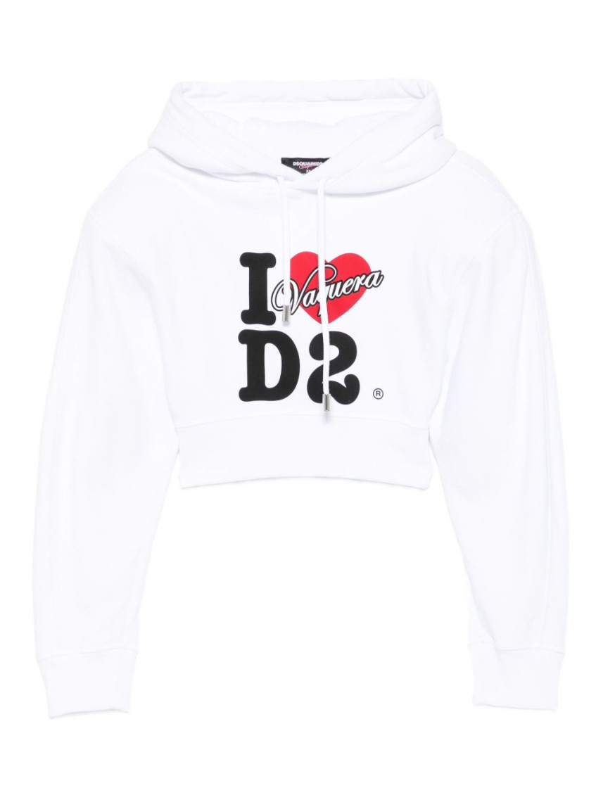 Dsquared2 White Logo Print Cropped Hoodie