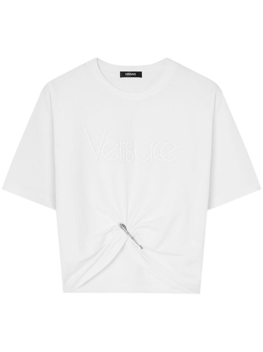 Versace Logo And Safety Pin Cotton T-shirt In White