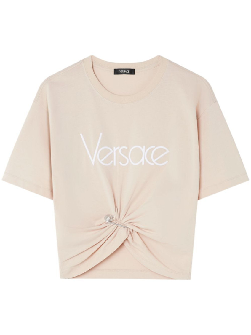 Versace Cropped T-shirt With Twist Detail And Safety Pin Logo In Off White