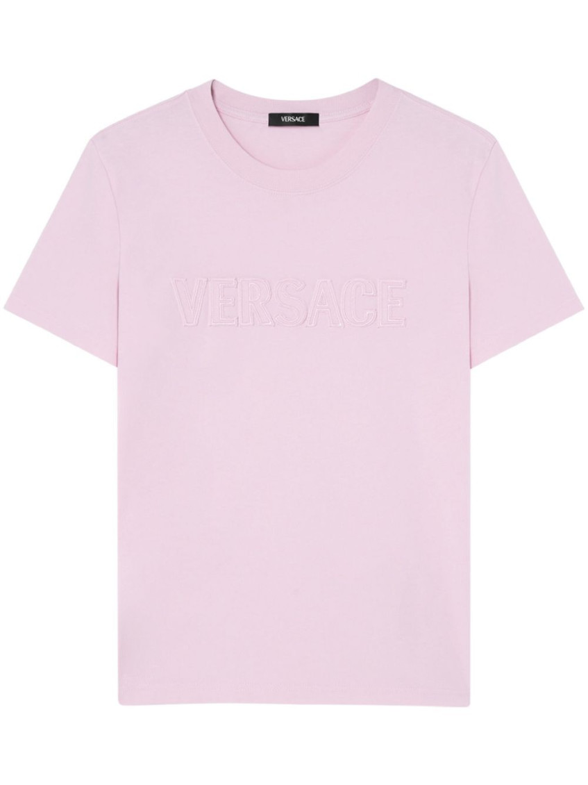 Versace Fringed Logo T-shirt For Casual Style In Light Pink