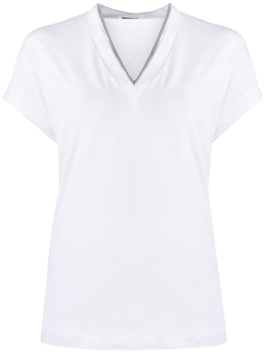 Brunello Cucinelli Monili V-neck Short-sleeve Cotton Jersey T-shirt In White