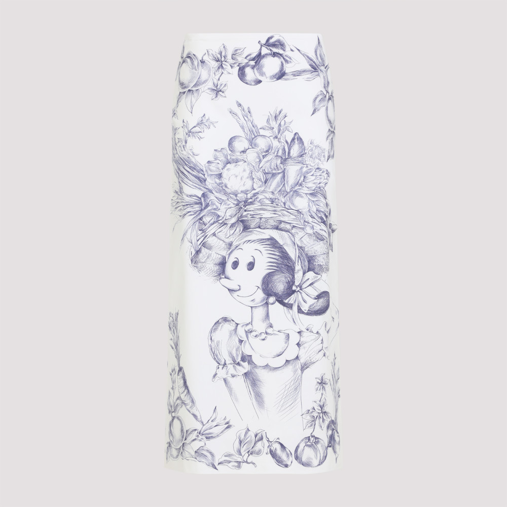 Moschino Maxi Skirt With Whimsical Floral Character Illustration In White